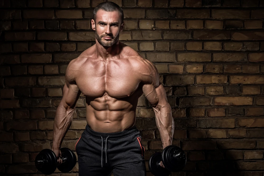 Bodybuilder Doing Exercises With Dumbbells