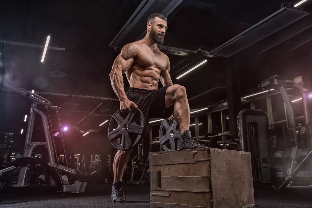 Handsome Man With Big Muscles Trains In The Gym Exercises