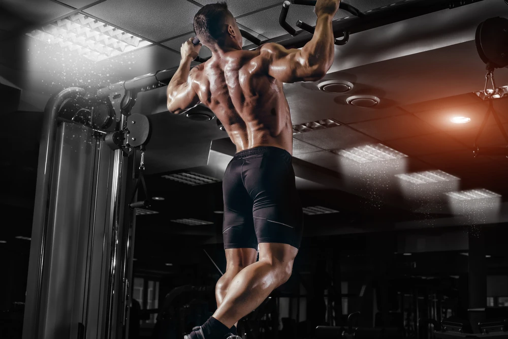 Muscle Athlete Man In Gym Making Elevations Bodybuilder Training In