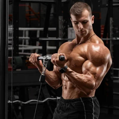 Muscular Man In Gym Doing Exercises For Biceps Working Out